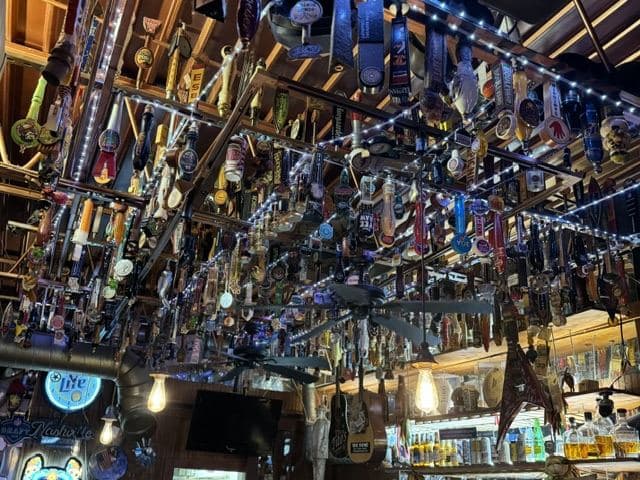 The ceiling seen end to end, tap handles of every shape and brewery packed across it with string lights threaded between.